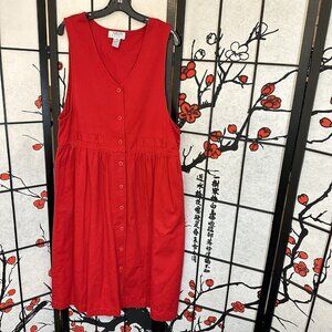 Vintage Talbots Red Button Down Overall Long Dress Size 16 Petite Pleated